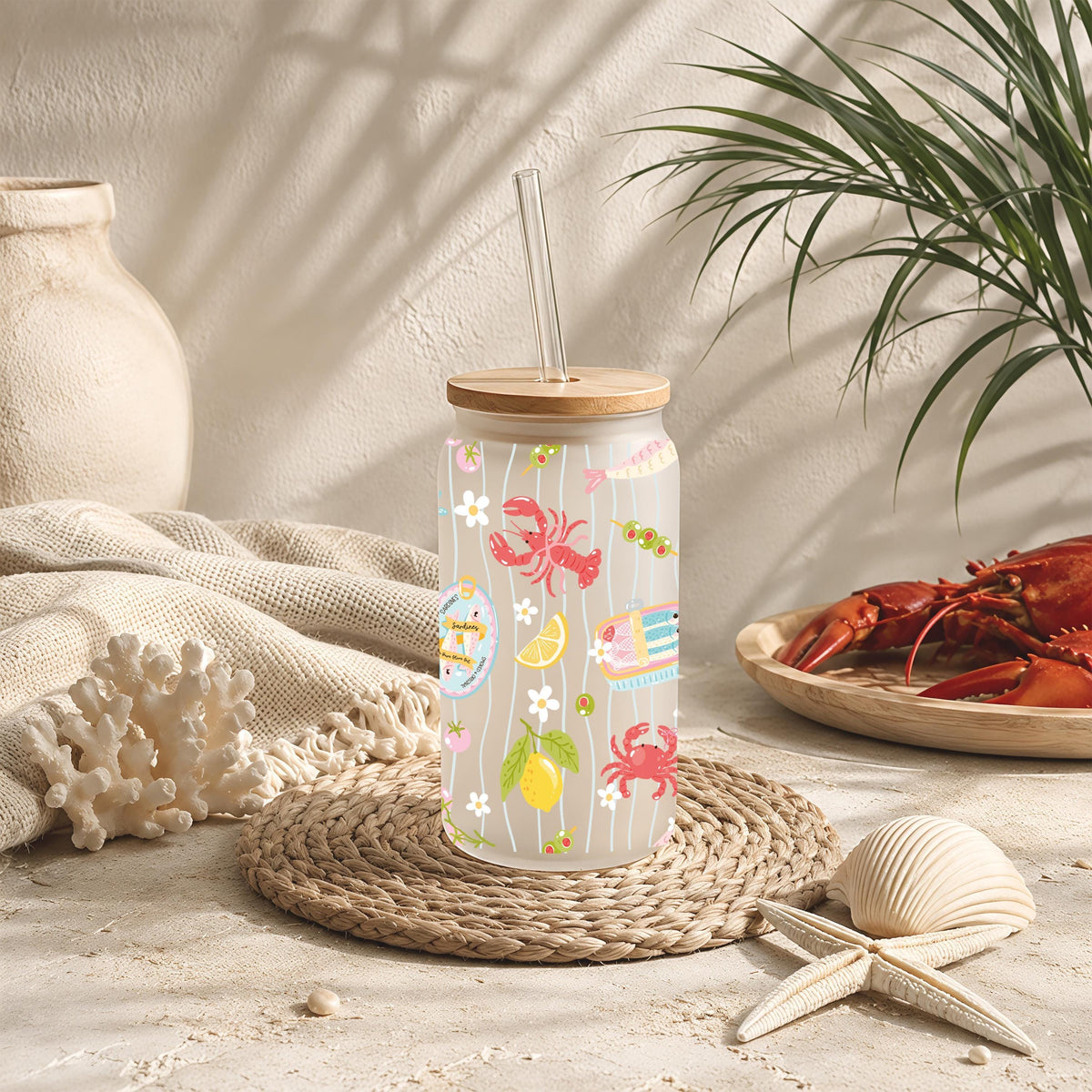 Sardine Tinned Fish Glass Tumbler, Coastal Iced Coffee Cup, Bamboo Lid Straw (16 oz)