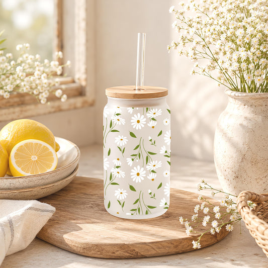 White Daisy Floral Glass Tumbler, Frosted Iced Coffee Cup, Cottage Core Gift (16 oz)
