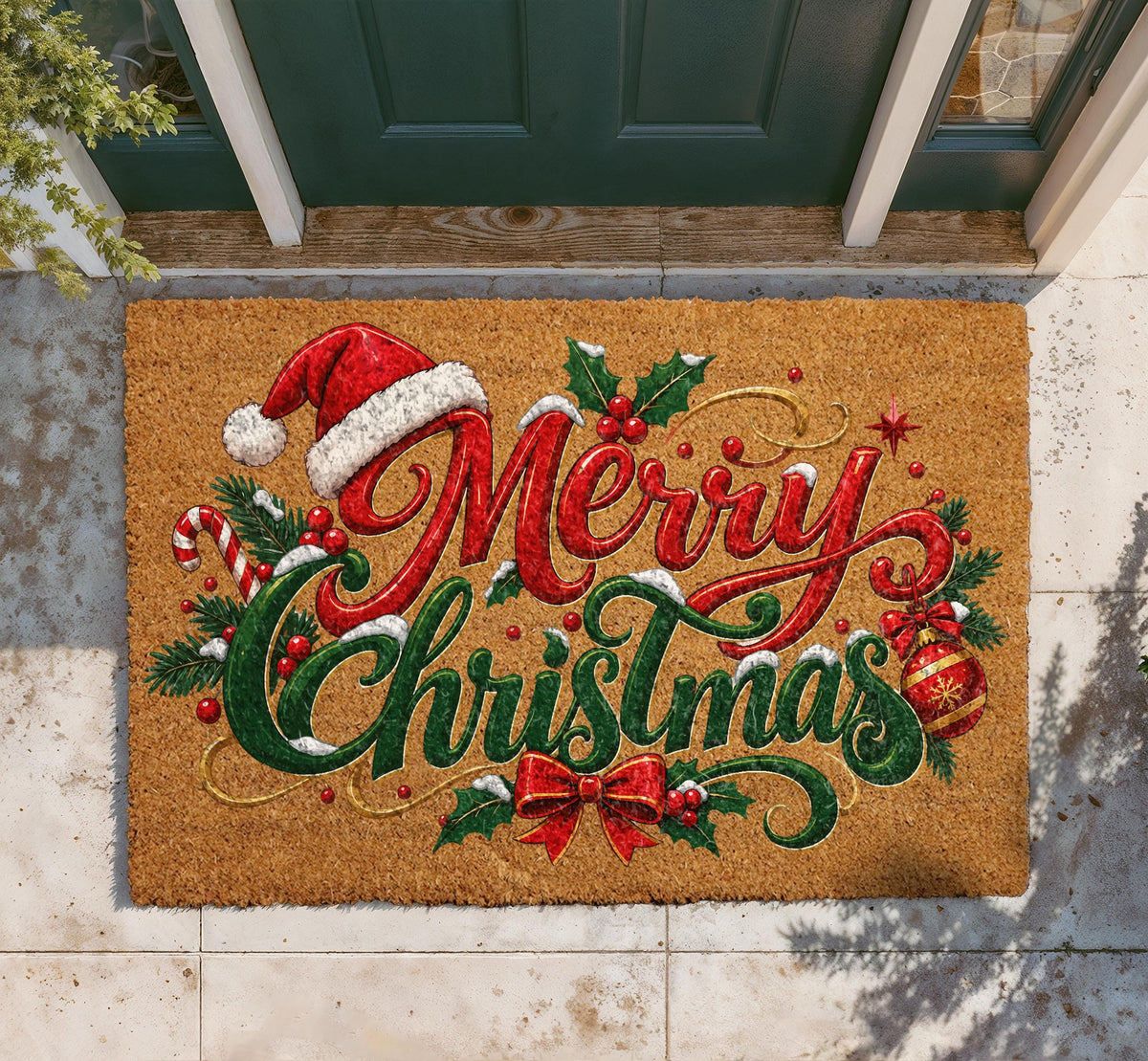 Personalized Merry Christmas Doormat, Santa Hat Welcome Mat, Coir Porch Decor