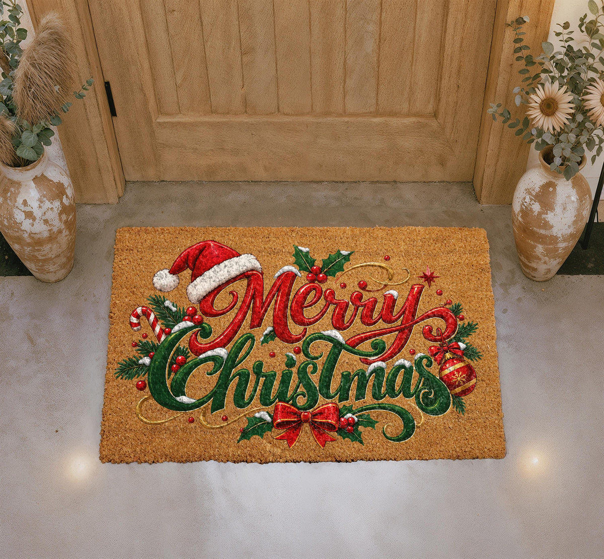 Personalized Merry Christmas Doormat, Santa Hat Welcome Mat, Coir Porch Decor