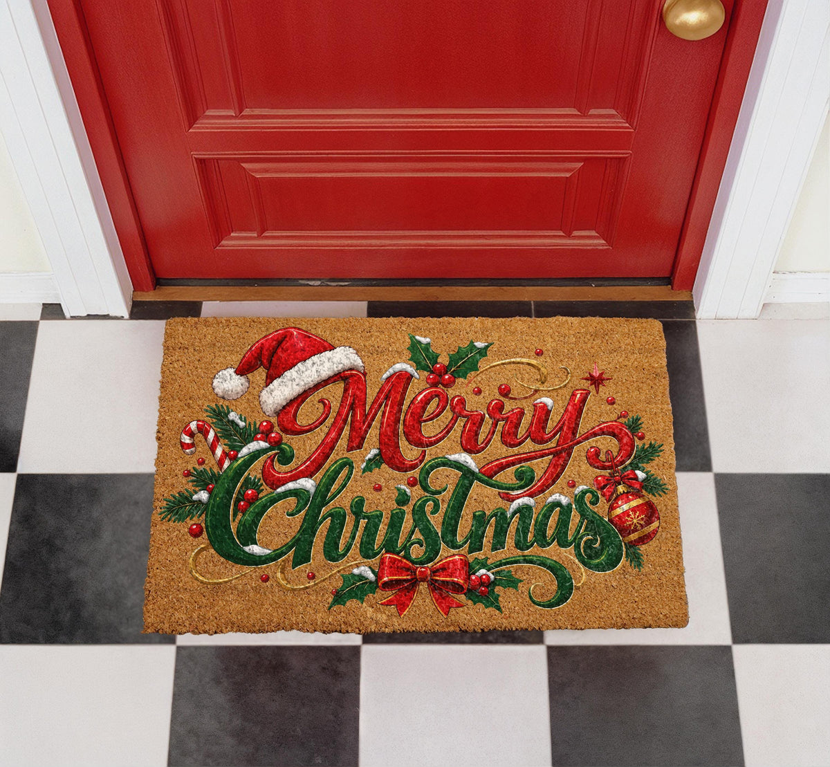 Personalized Merry Christmas Doormat, Santa Hat Welcome Mat, Coir Porch Decor