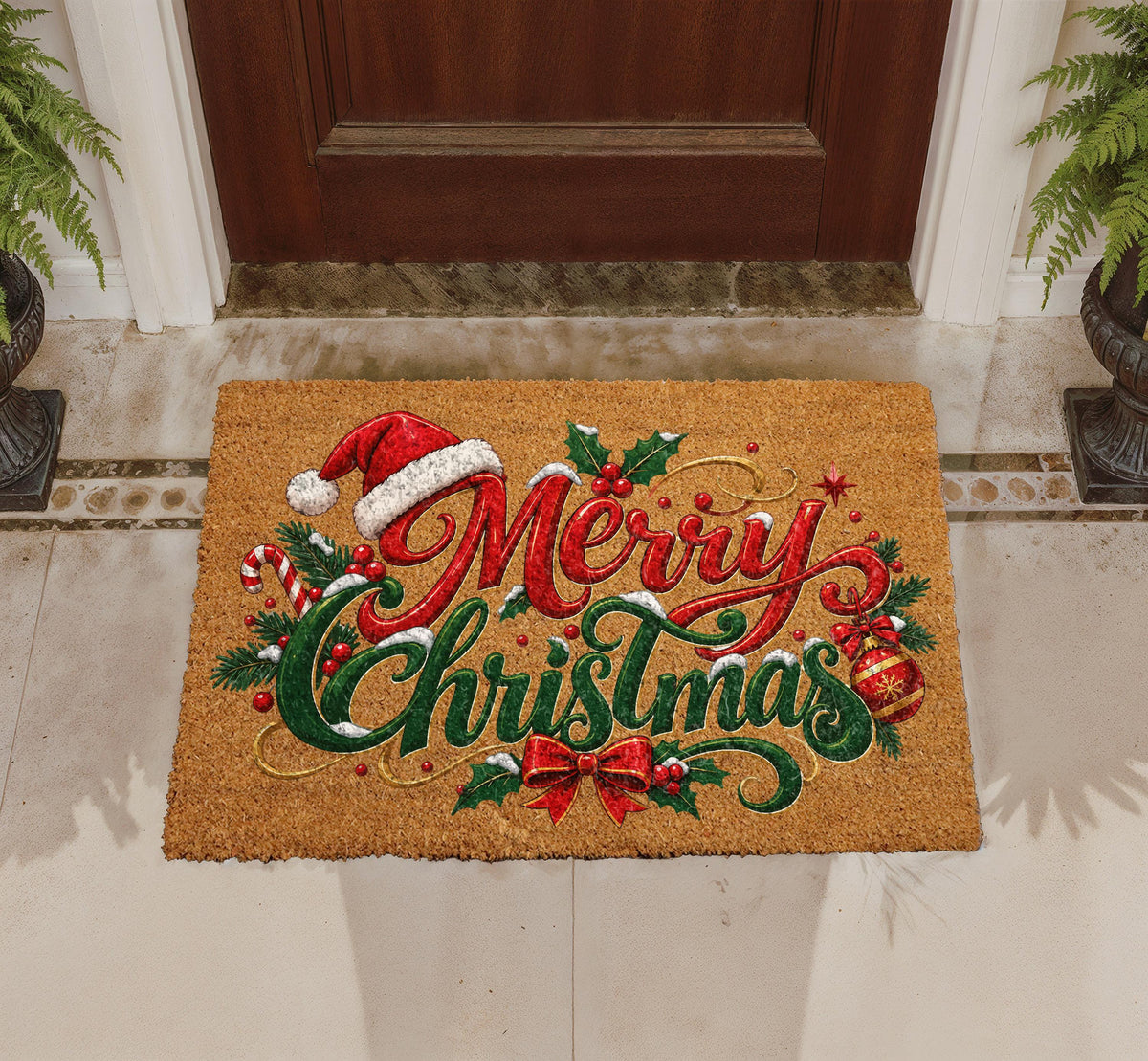 Personalized Merry Christmas Doormat, Santa Hat Welcome Mat, Coir Porch Decor