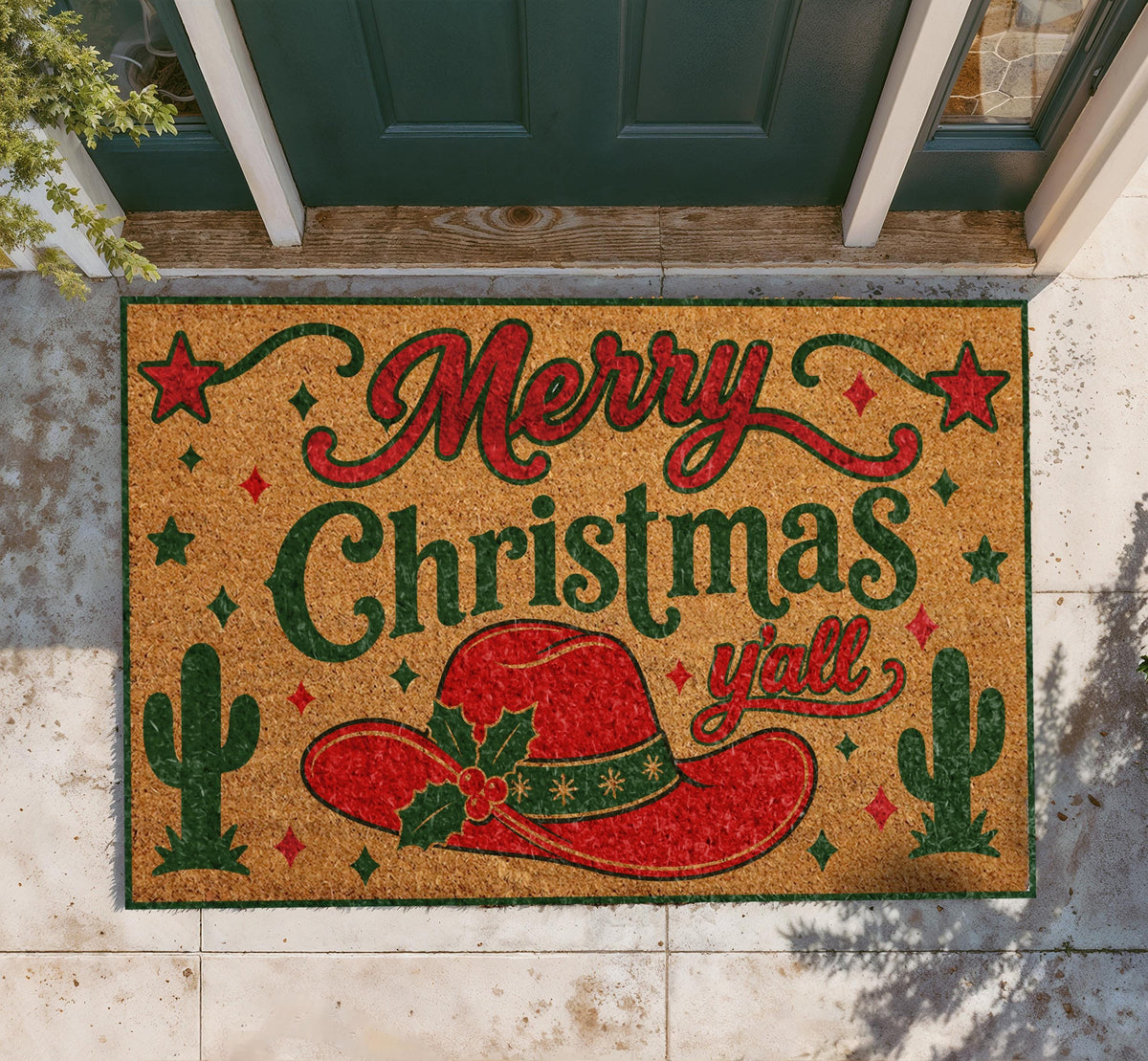 Merry Christmas Y'all Doormat, Red Cowboy Hat, Southwestern Holiday Mat (Coir)