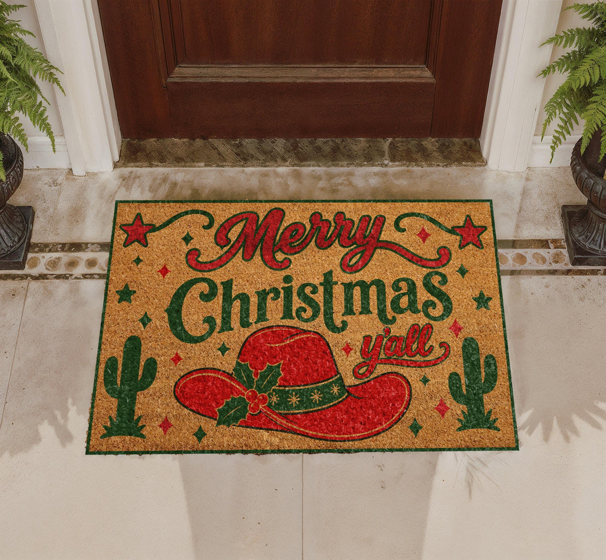 Merry Christmas Y'all Doormat, Red Cowboy Hat, Southwestern Holiday Mat (Coir)