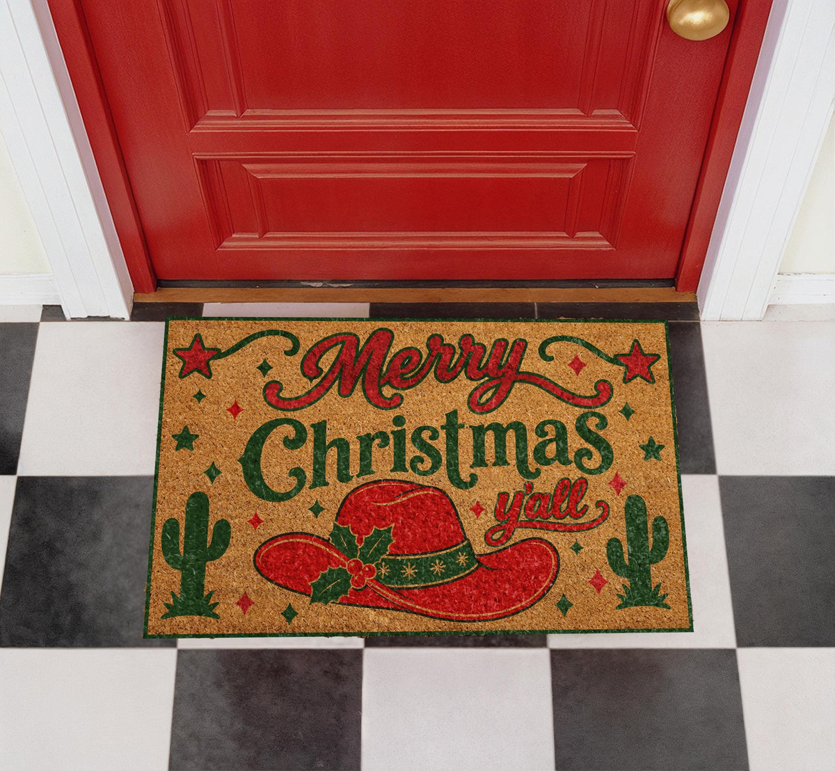 Merry Christmas Y'all Doormat, Red Cowboy Hat, Southwestern Holiday Mat (Coir)