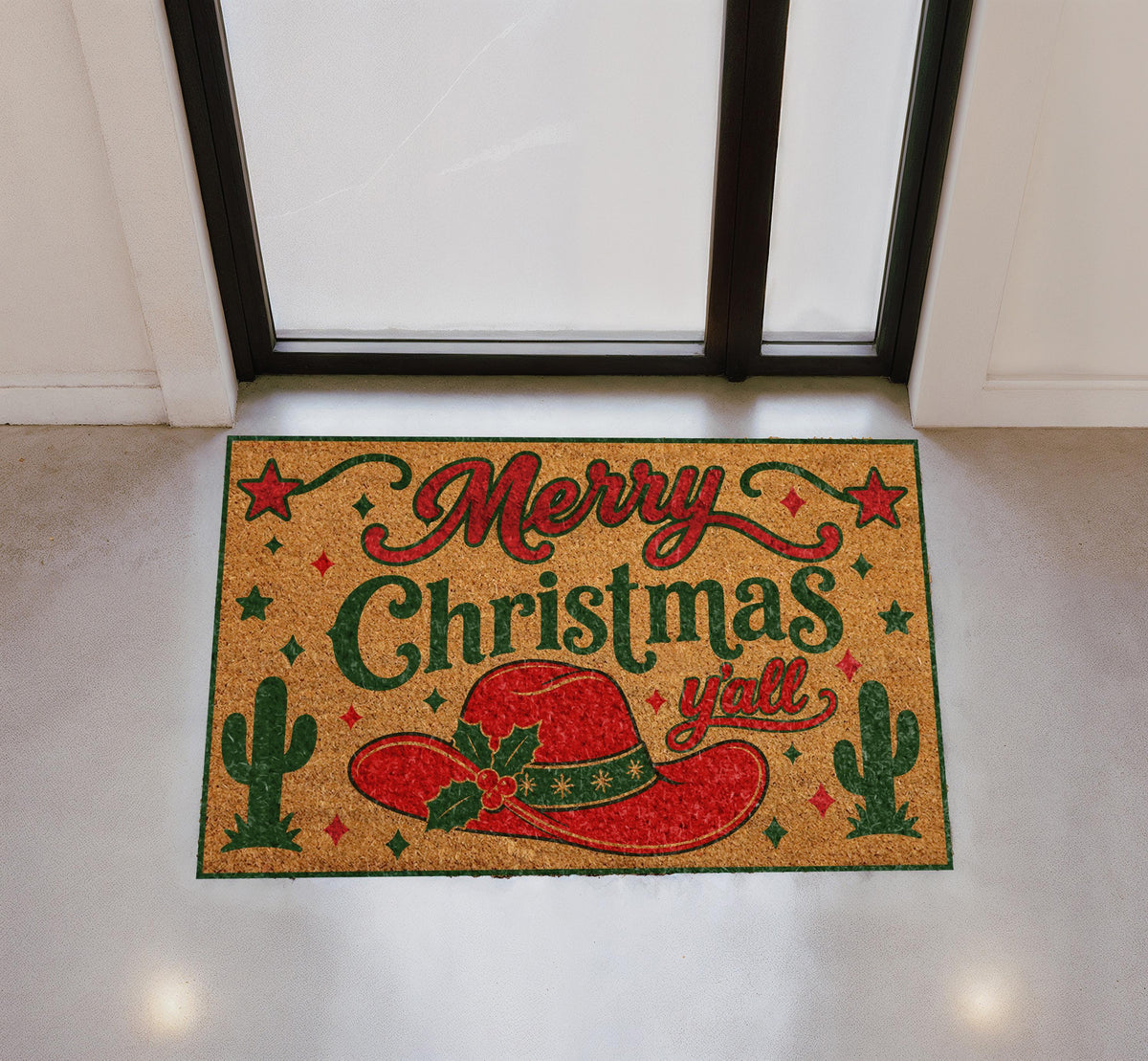 Merry Christmas Y'all Doormat, Red Cowboy Hat, Southwestern Holiday Mat (Coir)