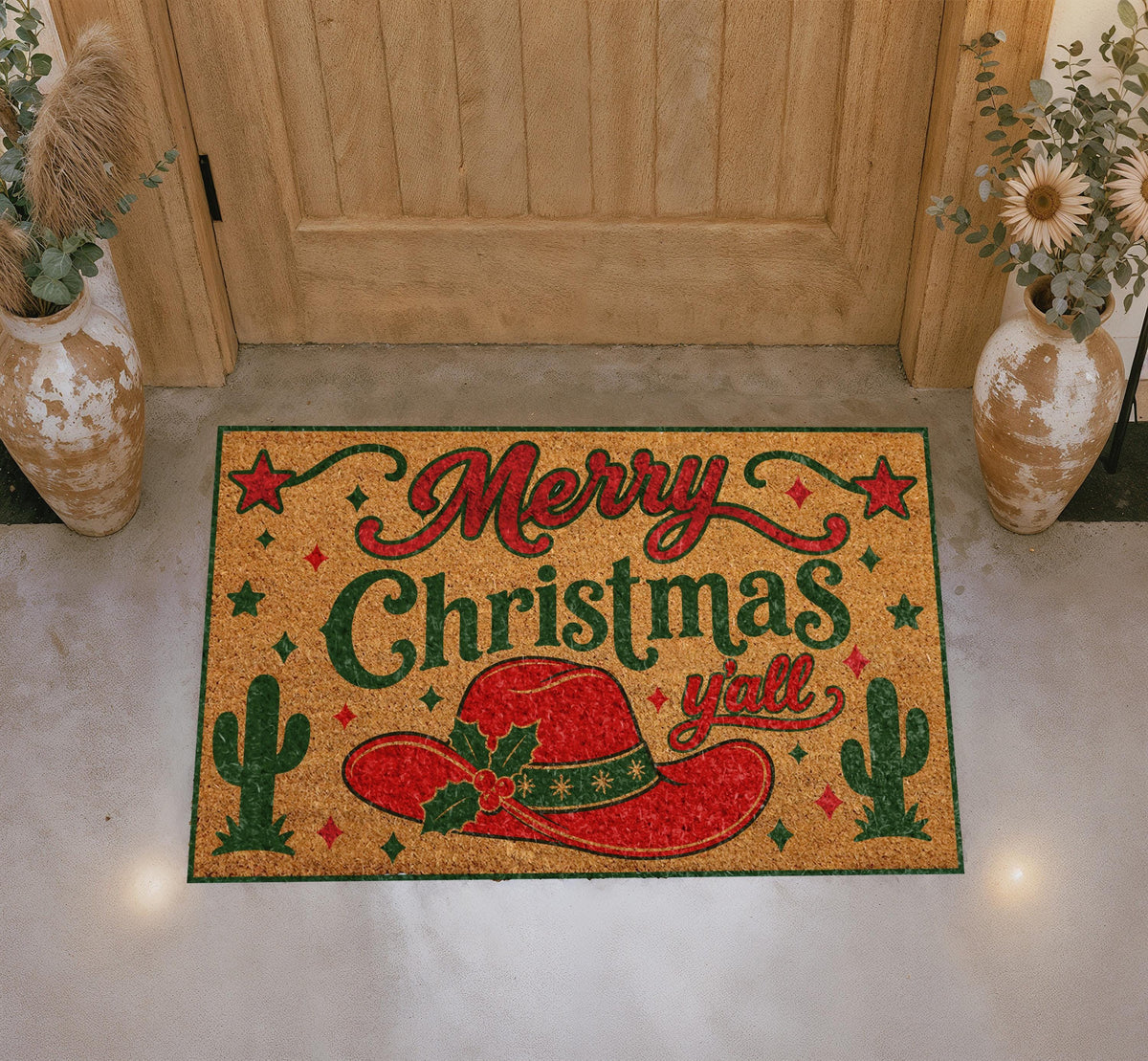 Merry Christmas Y'all Doormat, Red Cowboy Hat, Southwestern Holiday Mat (Coir)