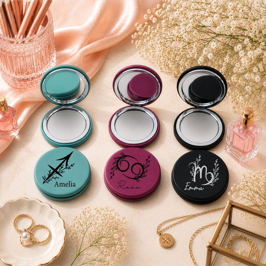 Personalized Zodiac Sign Compact Mirror, Floral Engraved Vegan Leather Travel Mirror (Gift for Her)