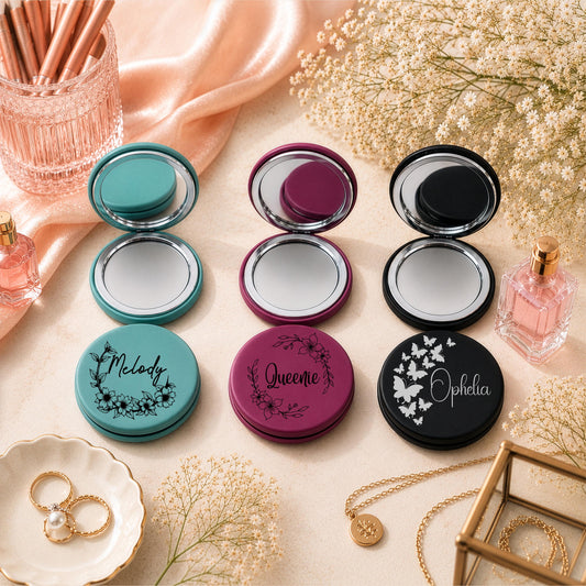 Custom Name Engraved Leatherette Compact Mirror, Floral Design Bridesmaid Gift