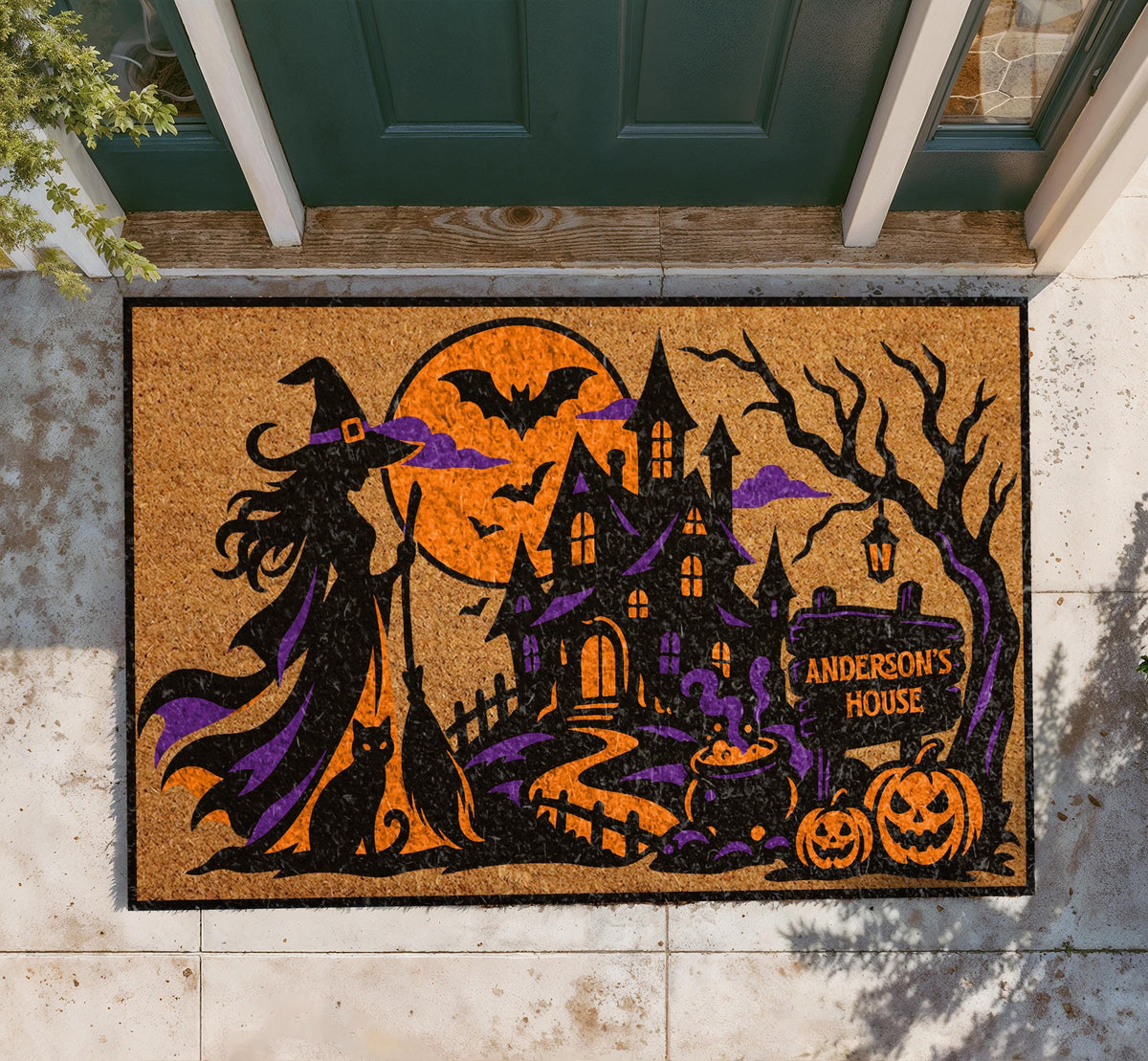 Custom Haunted House Doormat, Witch Welcome Mat, Spooky Fall Decor (Personalized)