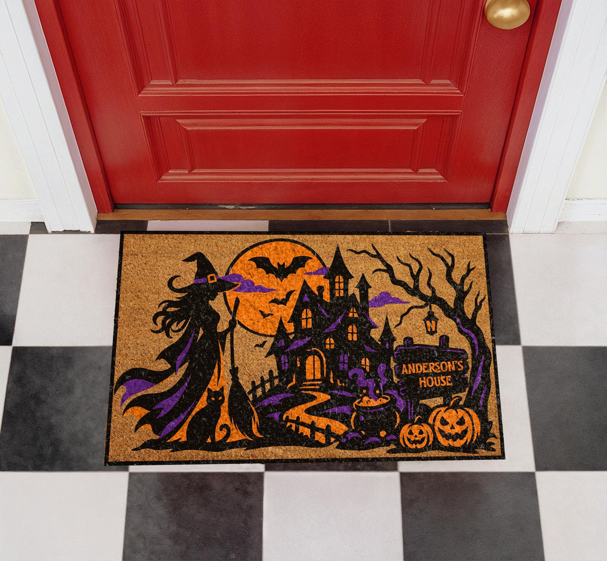 Custom Haunted House Doormat, Witch Welcome Mat, Spooky Fall Decor (Personalized)