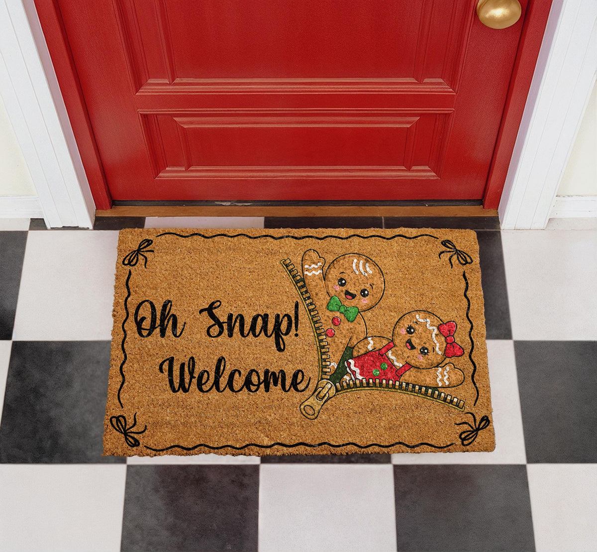 Funny Gingerbread Couple Doormat, Oh Snap Welcome Mat, Personalized Holiday Porch Decor