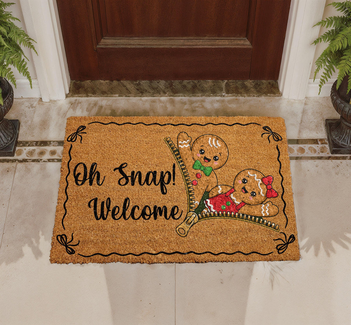 Funny Gingerbread Couple Doormat, Oh Snap Welcome Mat, Personalized Holiday Porch Decor