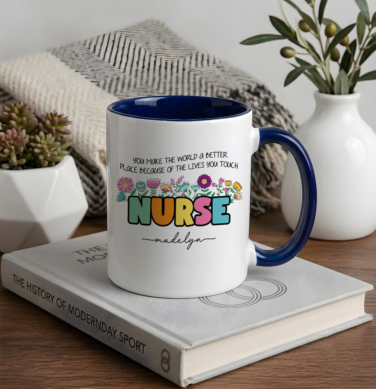 Personalized Nurse Mug, Floral Bow RN Coffee Cup, Thank You Gift