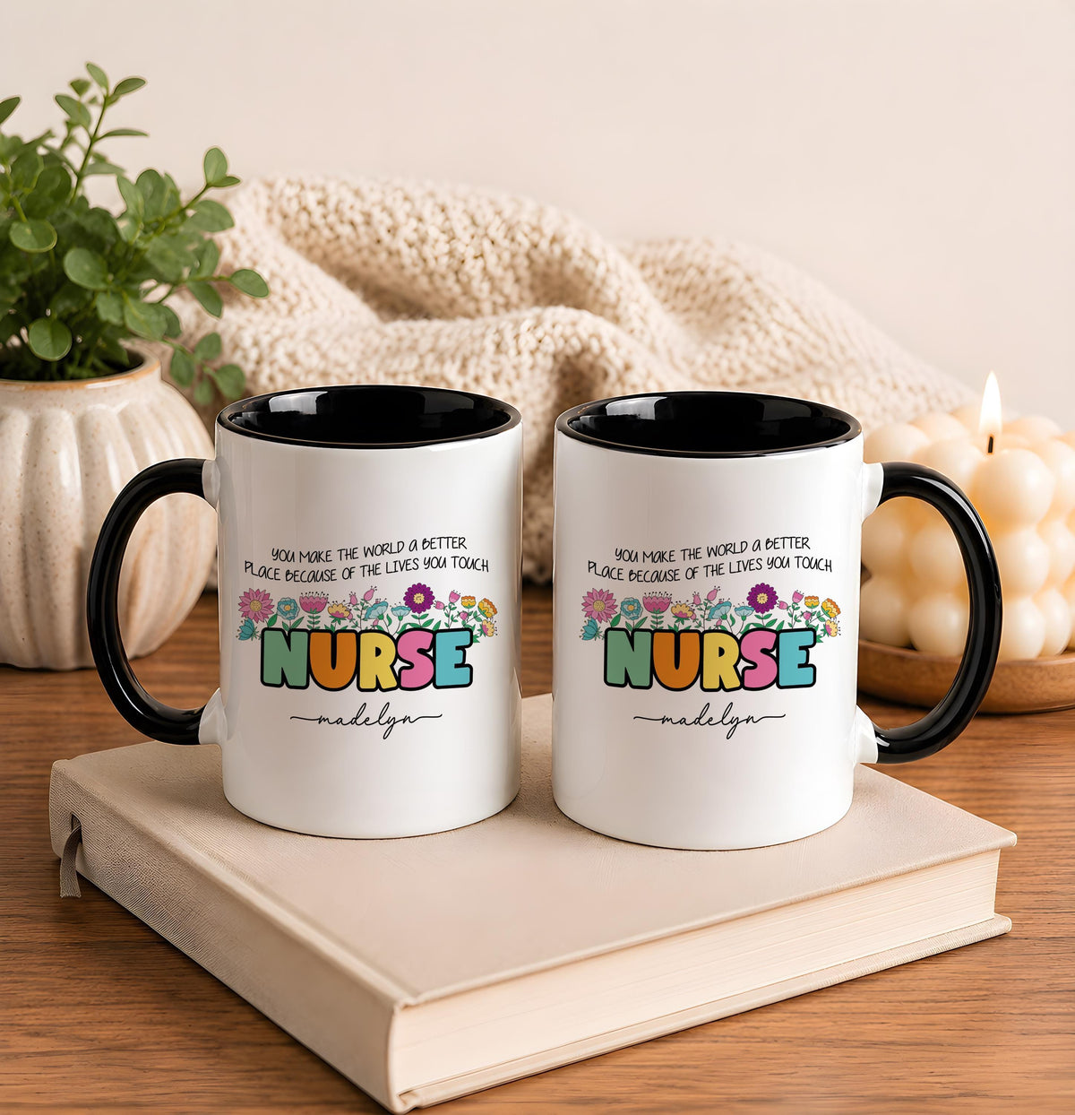 Personalized Nurse Mug, Floral Bow RN Coffee Cup, Thank You Gift