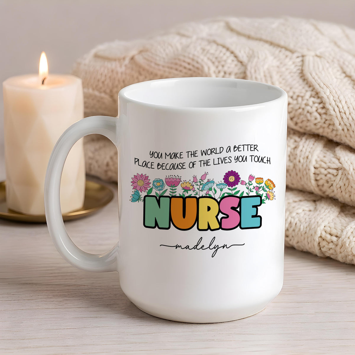 Personalized Nurse Mug, Floral Bow RN Coffee Cup, Thank You Gift