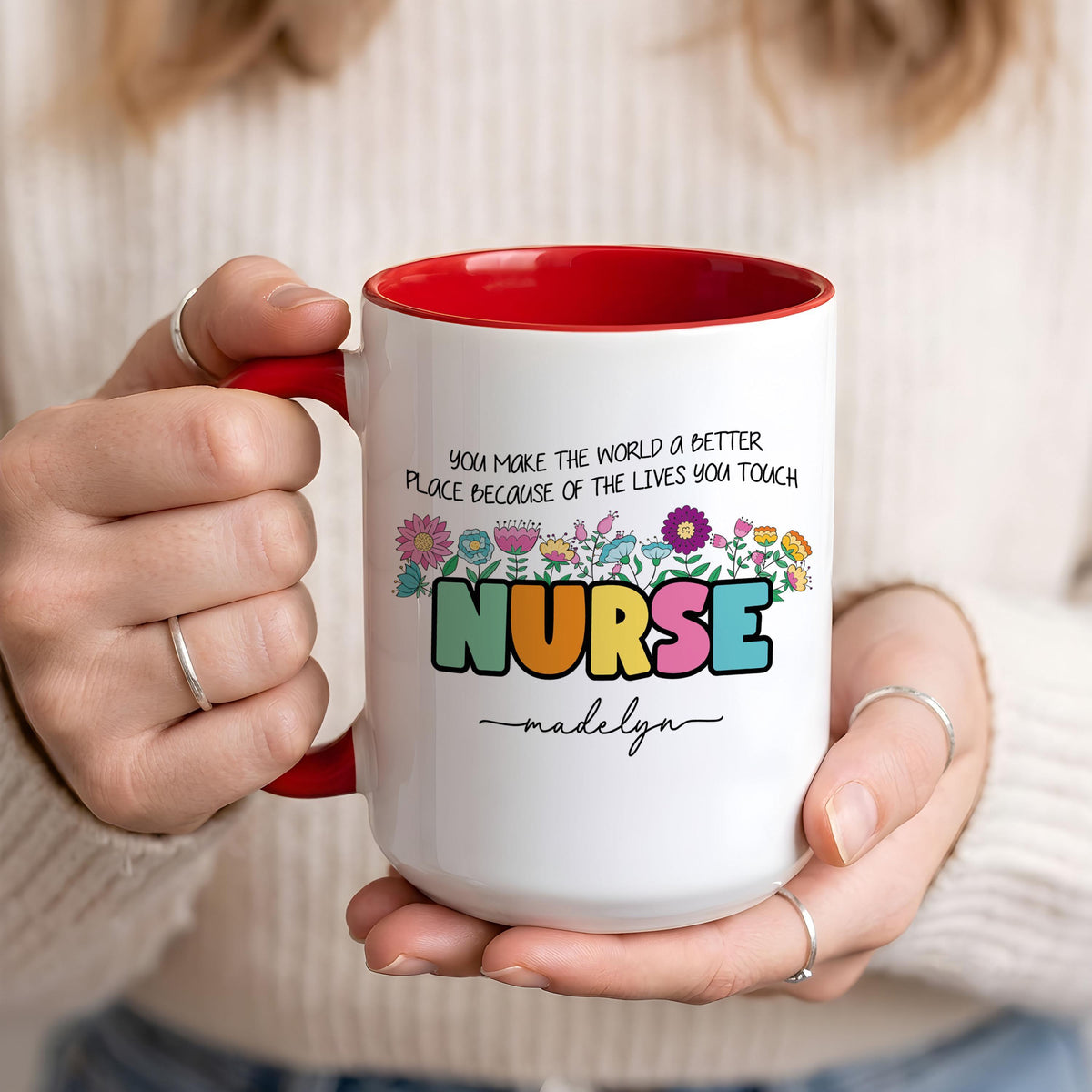 Personalized Nurse Mug, Floral Bow RN Coffee Cup, Thank You Gift