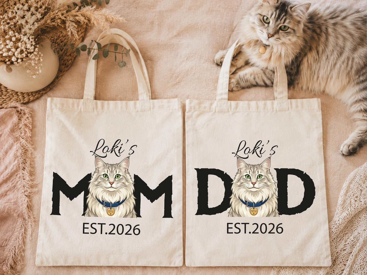 Custom Cat Mom & Dad Tote Bags, Cat Mom Gift Tote, Cat Lover Tote Bag, Cats Graphic Bag