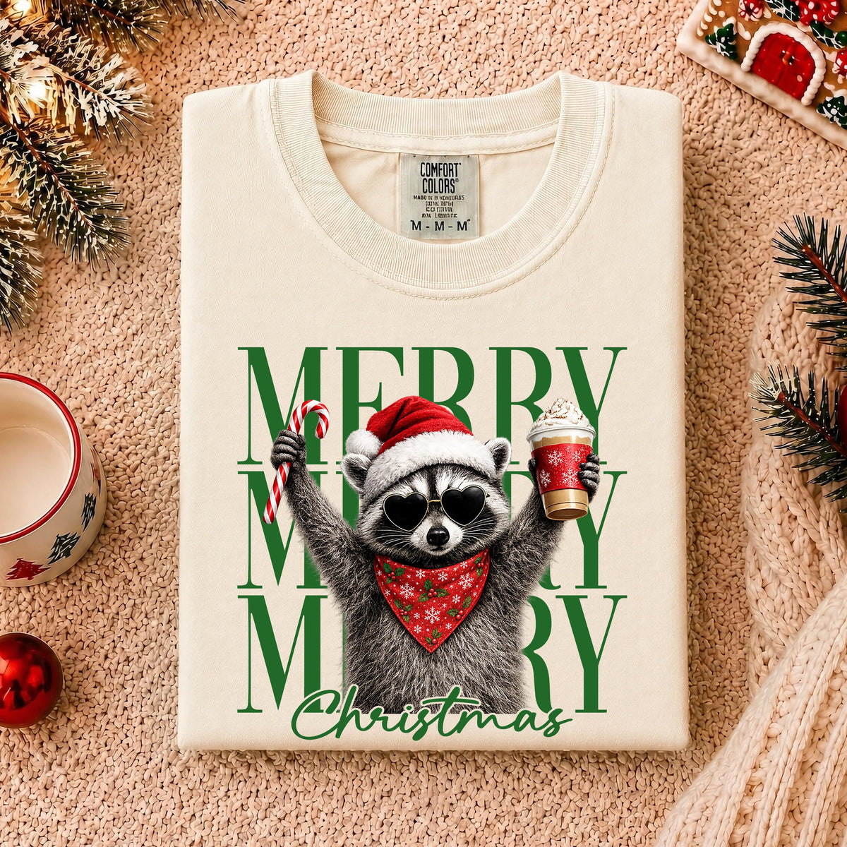 Raccoon Merry Christmas Comfort Colors® Shirt, Santa Raccoon Tee, Funny Holiday Gift