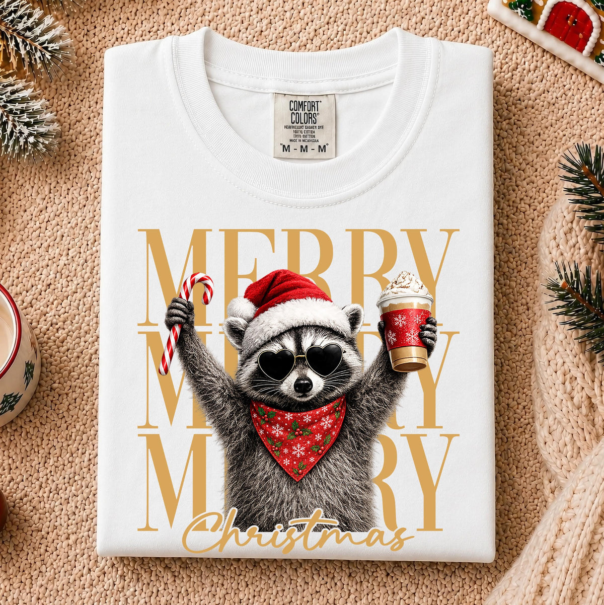 Raccoon Merry Christmas Comfort Colors® Shirt, Santa Raccoon Tee, Funny Holiday Gift