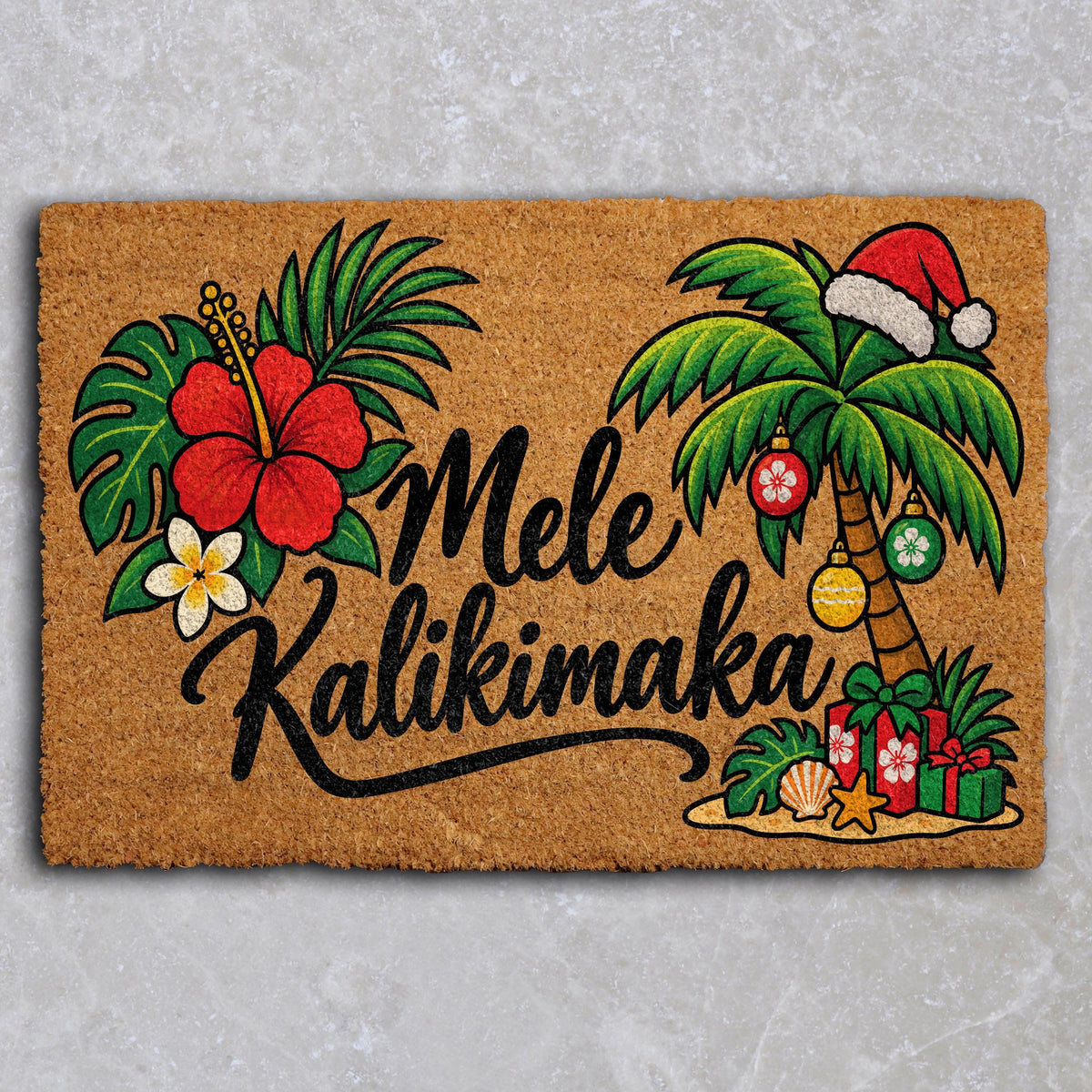 Floral Mele Kalikimaka Welcome Mat, Tropical Palm Tree Christmas Doormat