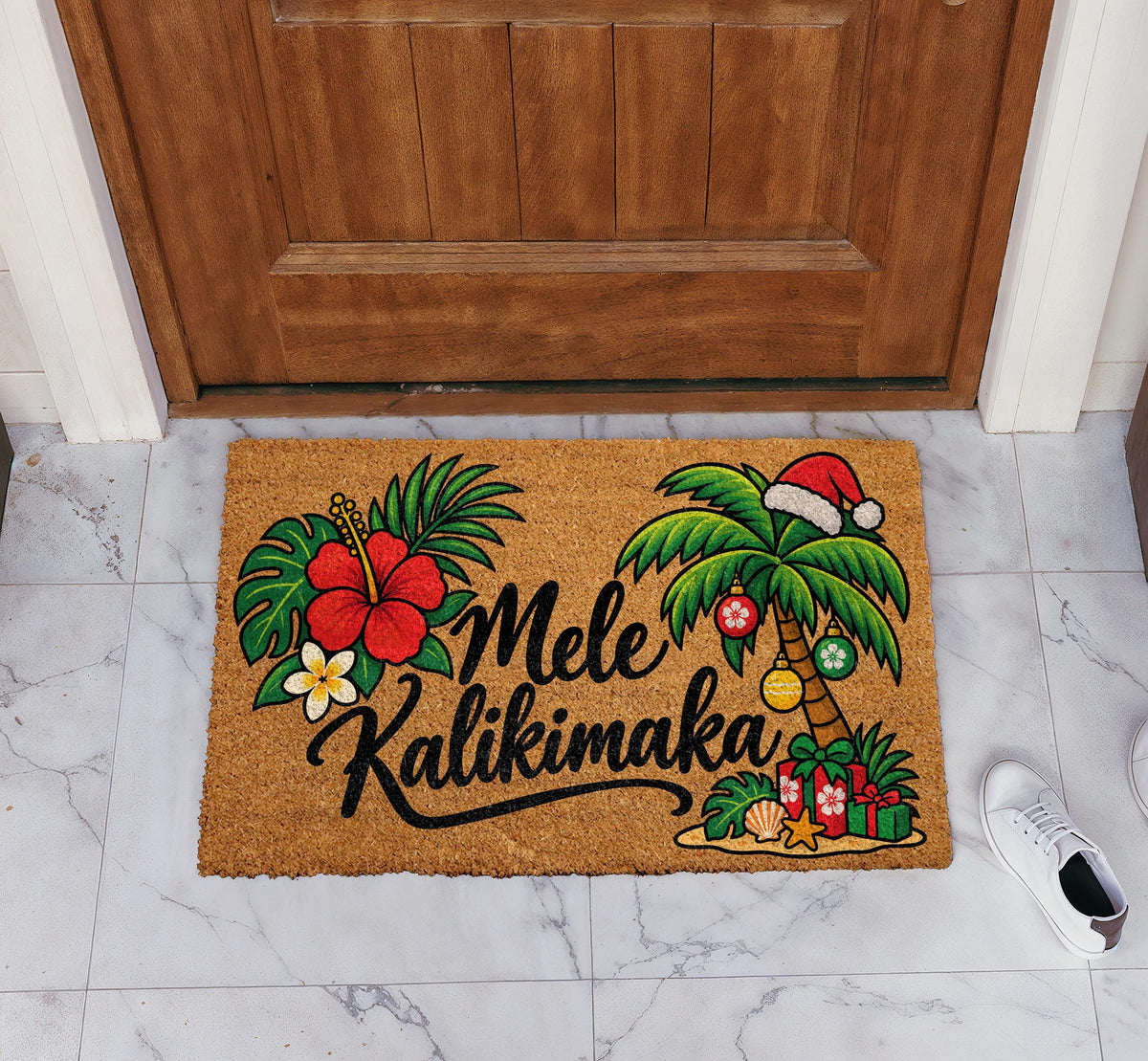 Floral Mele Kalikimaka Welcome Mat, Tropical Palm Tree Christmas Doormat