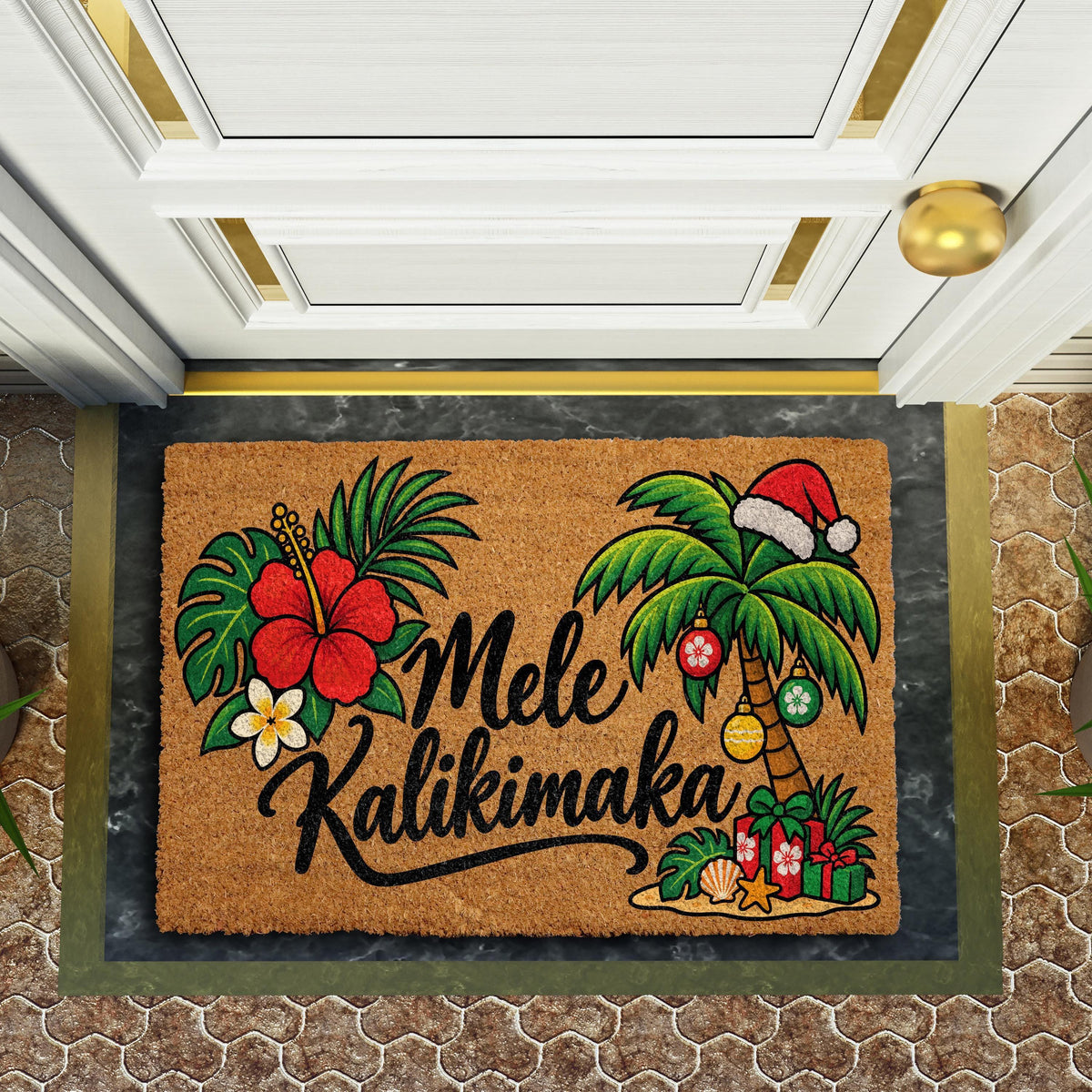 Floral Mele Kalikimaka Welcome Mat, Tropical Palm Tree Christmas Doormat