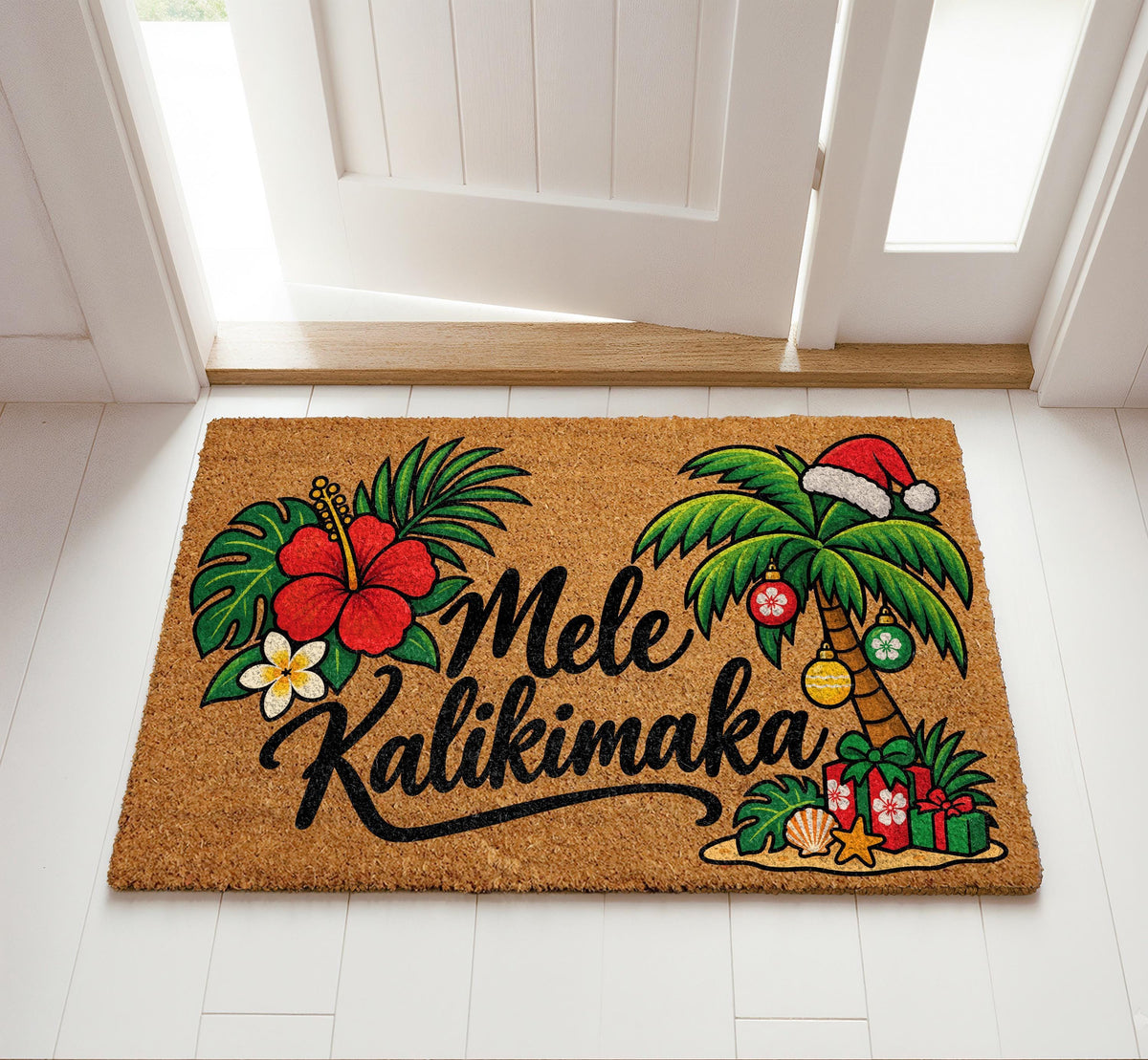 Floral Mele Kalikimaka Welcome Mat, Tropical Palm Tree Christmas Doormat