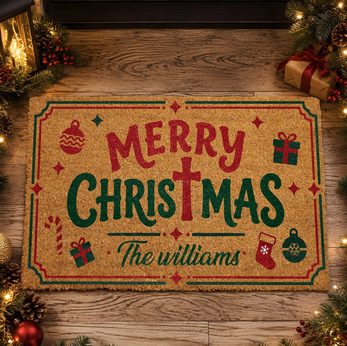 Personalized Family Name Holiday Welcome Mat, Custom Merry Christmas Doormat with Cross