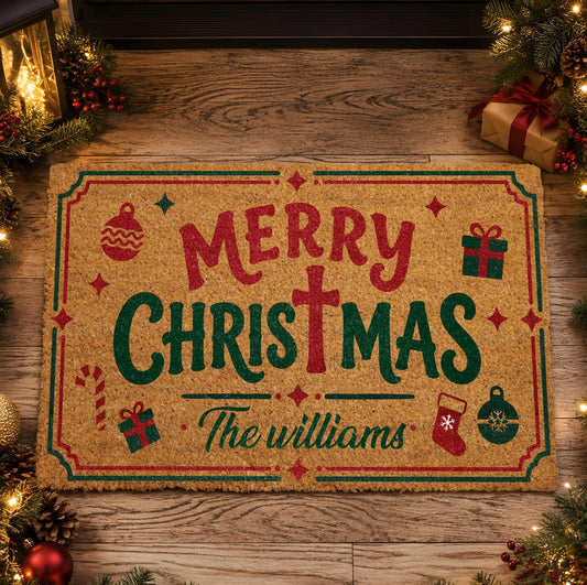 Personalized Family Name Holiday Welcome Mat, Custom Merry Christmas Doormat with Cross