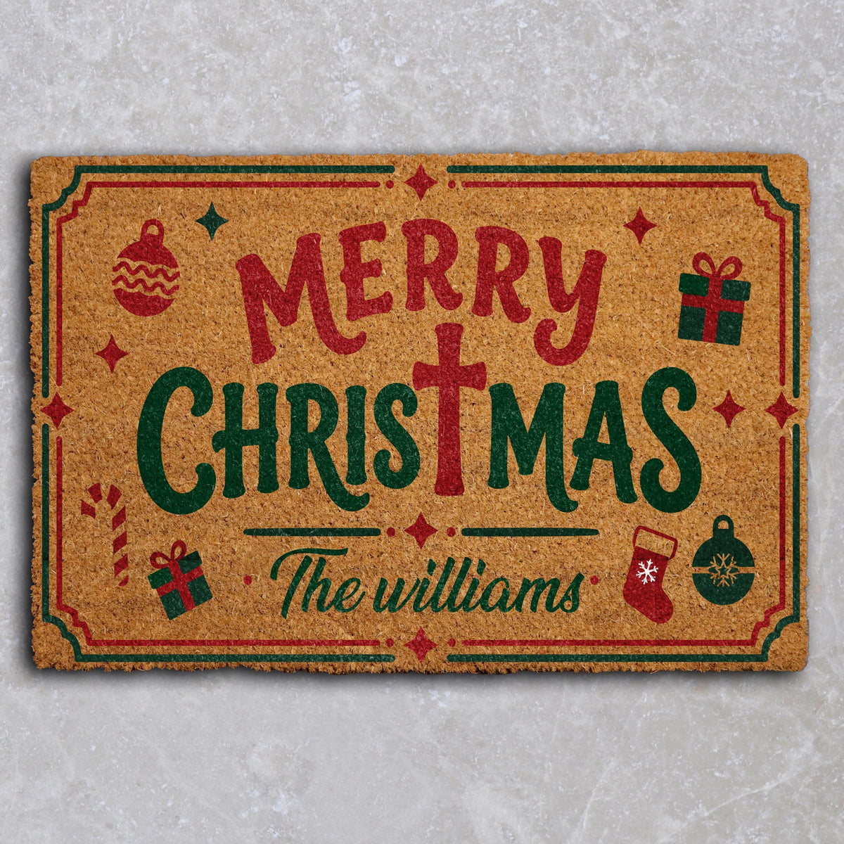 Personalized Family Name Holiday Welcome Mat, Custom Merry Christmas Doormat with Cross