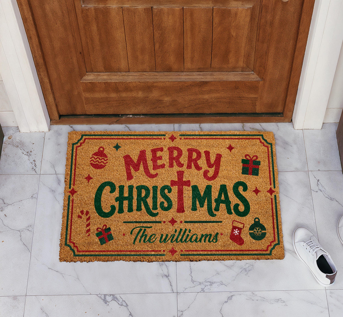 Personalized Family Name Holiday Welcome Mat, Custom Merry Christmas Doormat with Cross