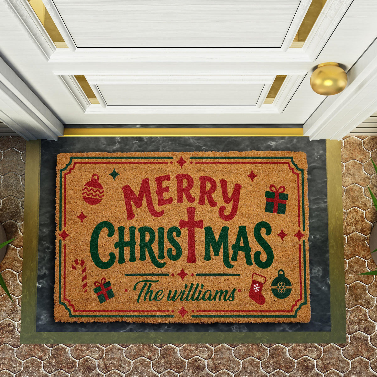 Personalized Family Name Holiday Welcome Mat, Custom Merry Christmas Doormat with Cross