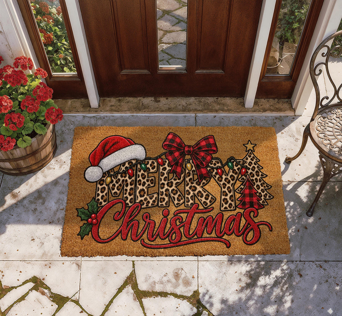 Preppy Leopard Pattern Merry Christmas Welcome Mat, Buffalo Plaid Bow & Holly Berries Doormat