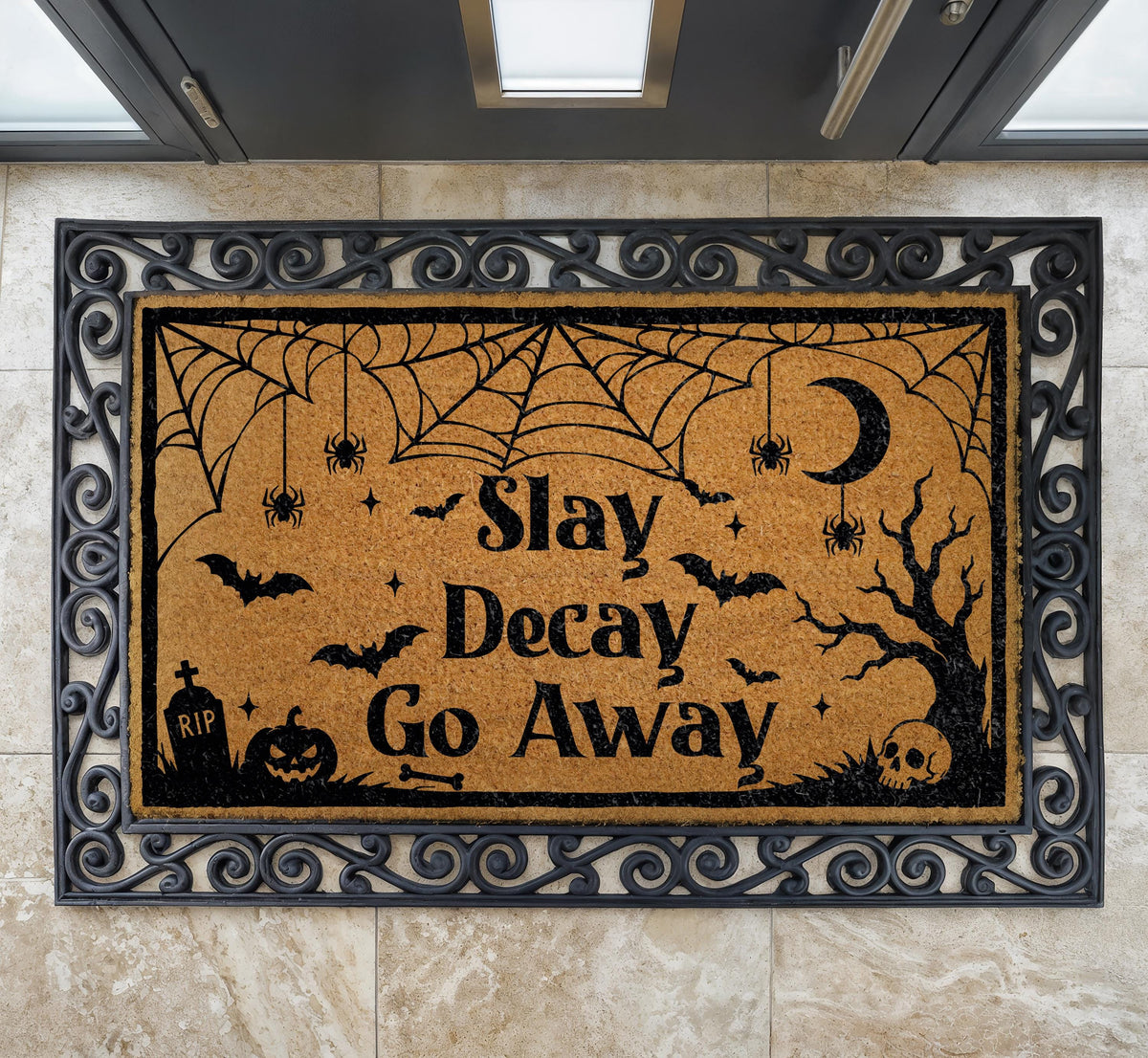 Slay Decay Go Away Doormat, Funny Halloween Welcome Mat, Witchy Porch Decor