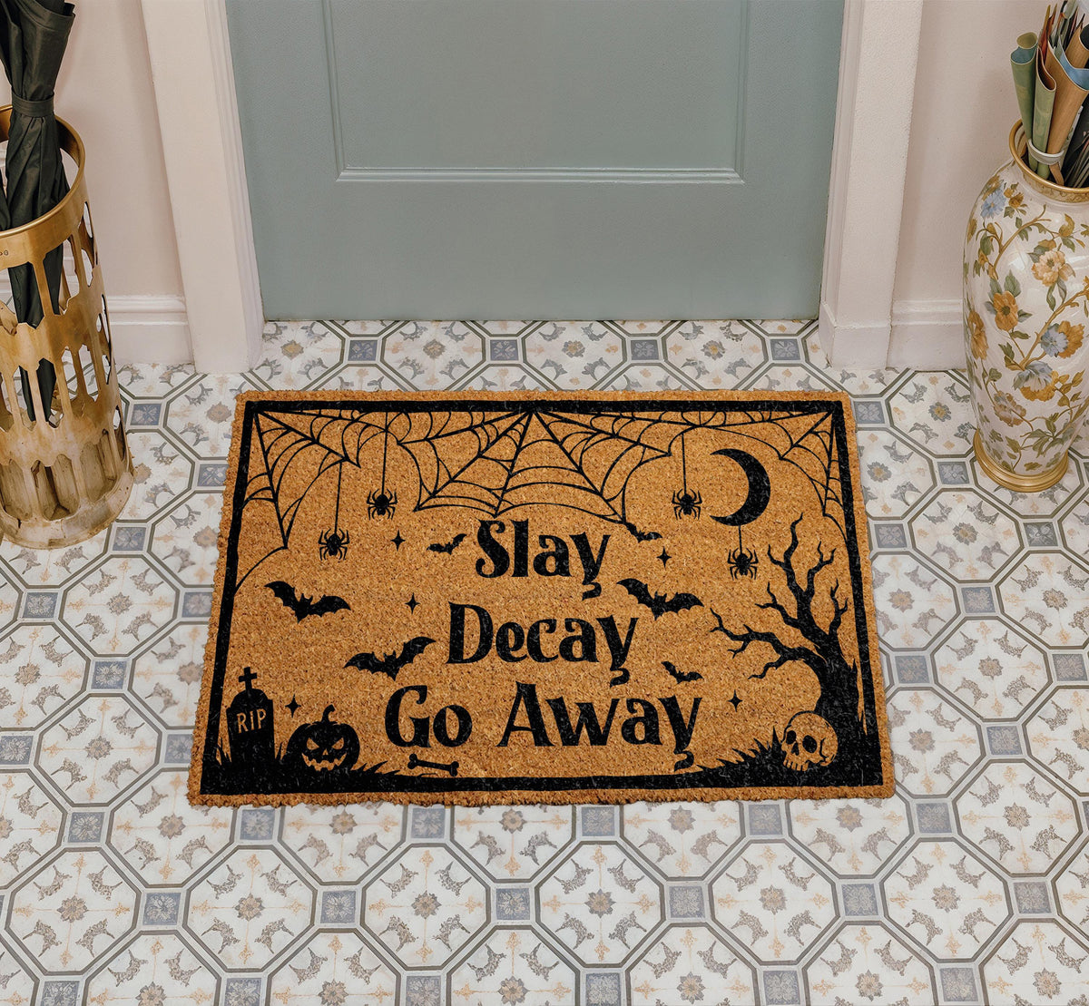 Slay Decay Go Away Doormat, Funny Halloween Welcome Mat, Witchy Porch Decor