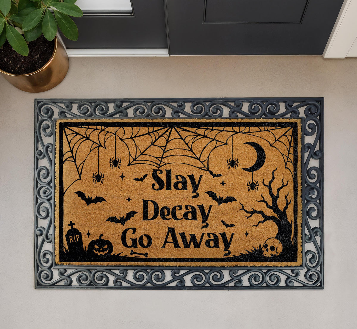 Slay Decay Go Away Doormat, Funny Halloween Welcome Mat, Witchy Porch Decor