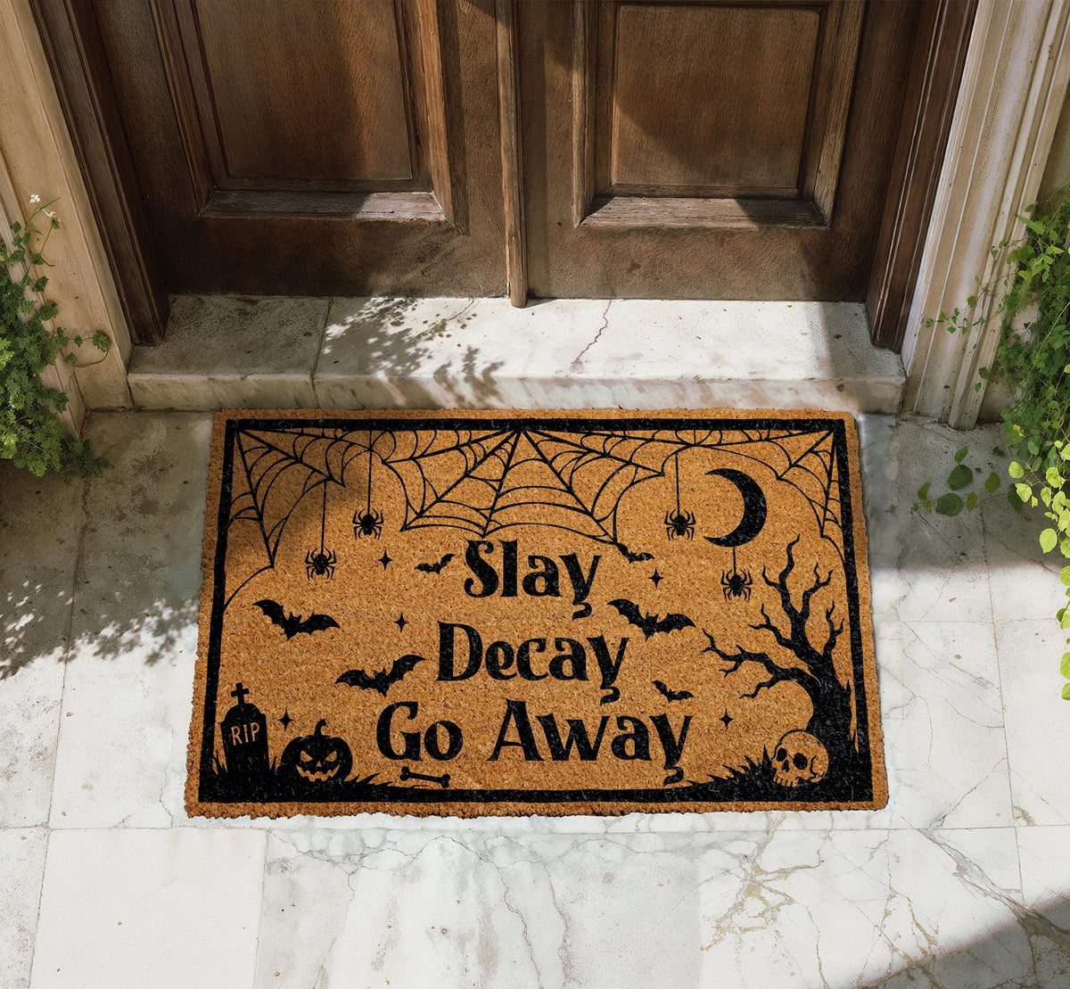 Slay Decay Go Away Doormat, Funny Halloween Welcome Mat, Witchy Porch Decor