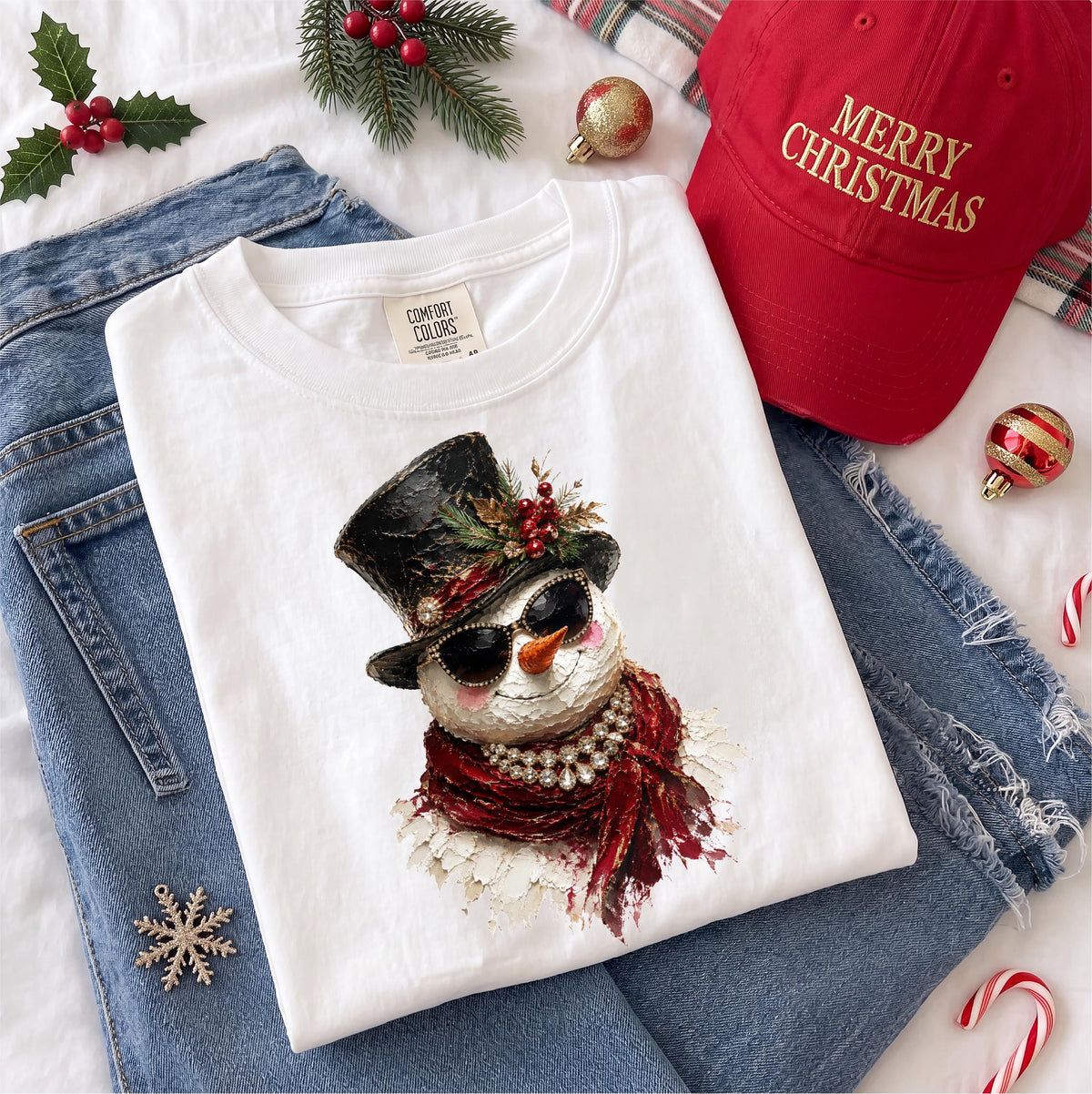 Glam Snowman Comfort Colors® Shirt, Christmas Season Women Tee, Snowman Holiday Gift Crewneck