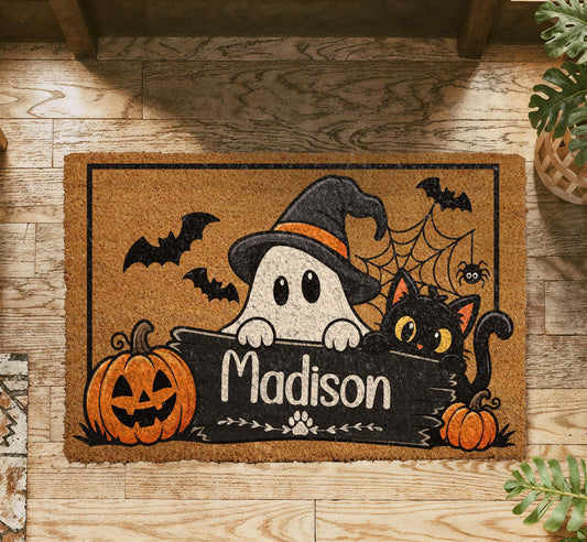 Personalized Halloween Doormat, Ghost, Cat, Pumpkin, Custom Name Welcome Mat (Coir)