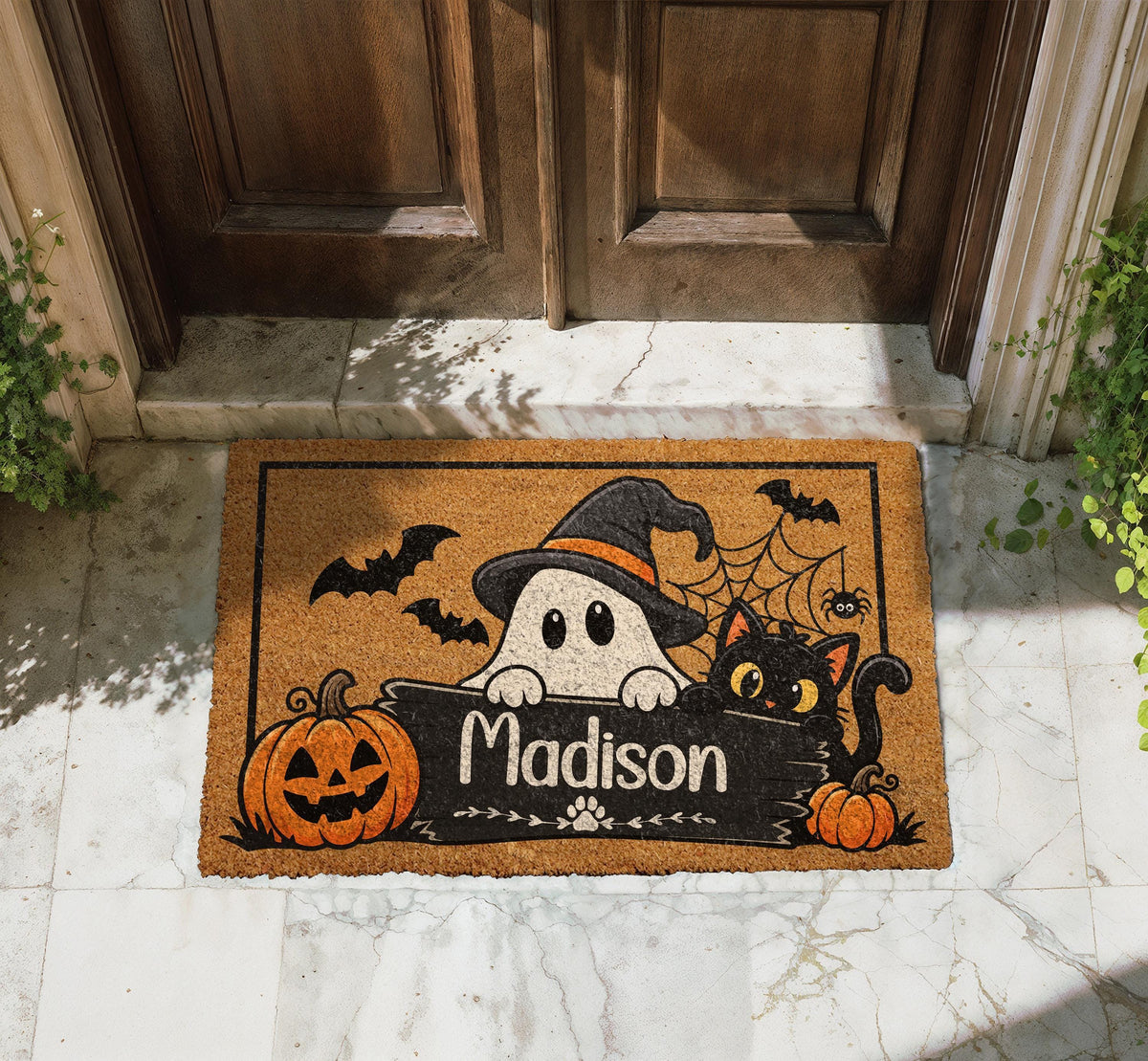 Personalized Halloween Doormat, Ghost, Cat, Pumpkin, Custom Name Welcome Mat (Coir)
