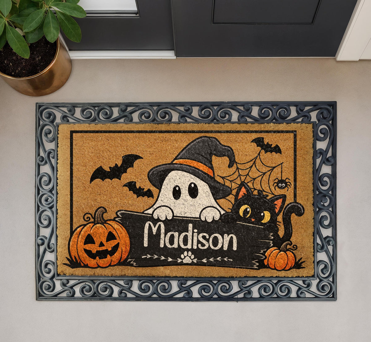 Personalized Halloween Doormat, Ghost, Cat, Pumpkin, Custom Name Welcome Mat (Coir)