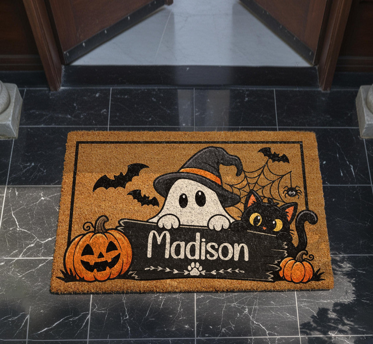 Personalized Halloween Doormat, Ghost, Cat, Pumpkin, Custom Name Welcome Mat (Coir)