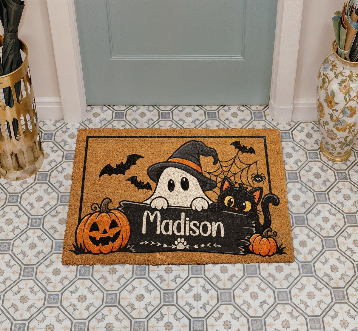 Personalized Halloween Doormat, Ghost, Cat, Pumpkin, Custom Name Welcome Mat (Coir)