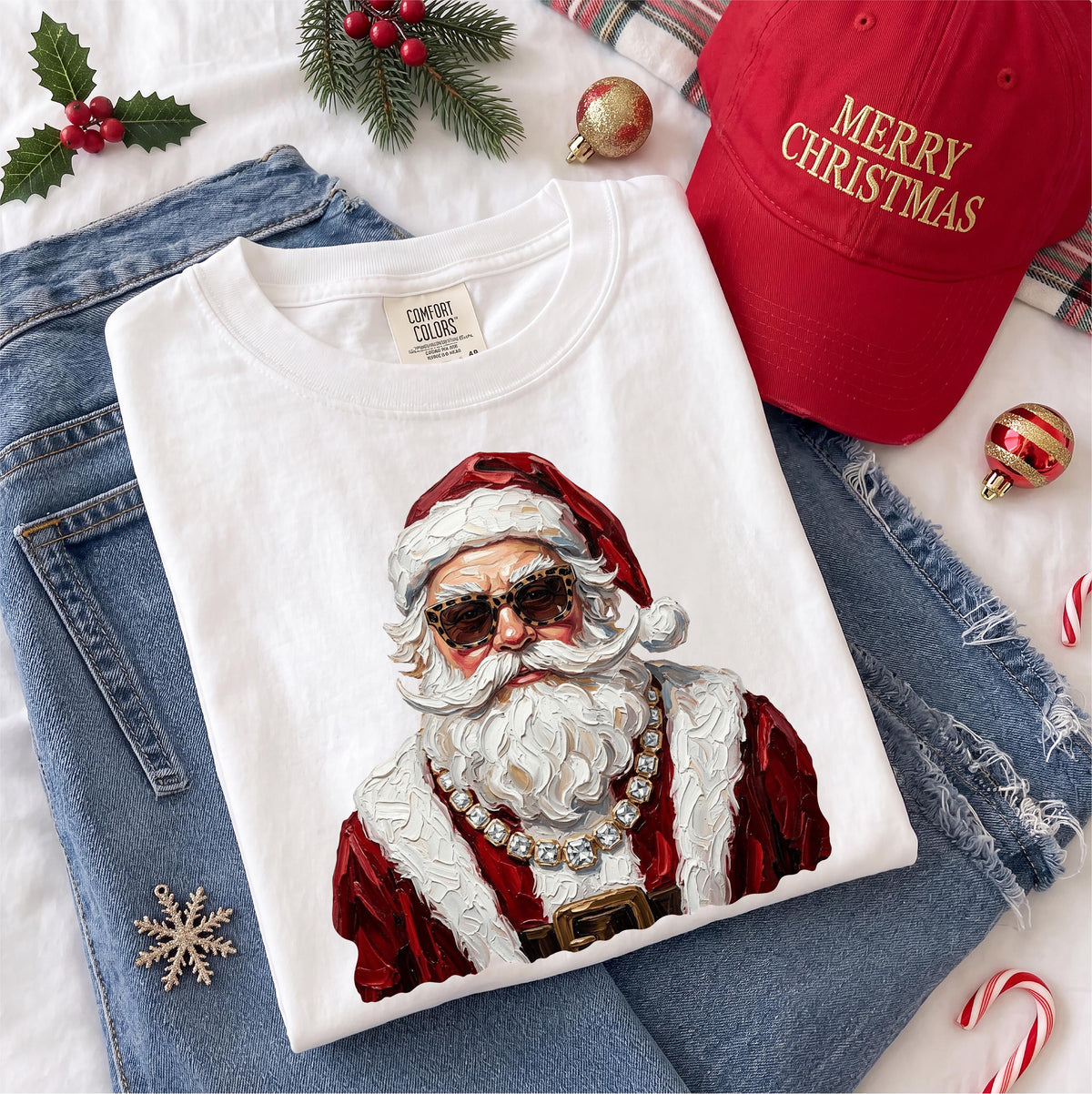 Glam Santa Comfort Colors® Shirt, Christmas Season Santa Tee, Preppy Holiday Gift Crewneck