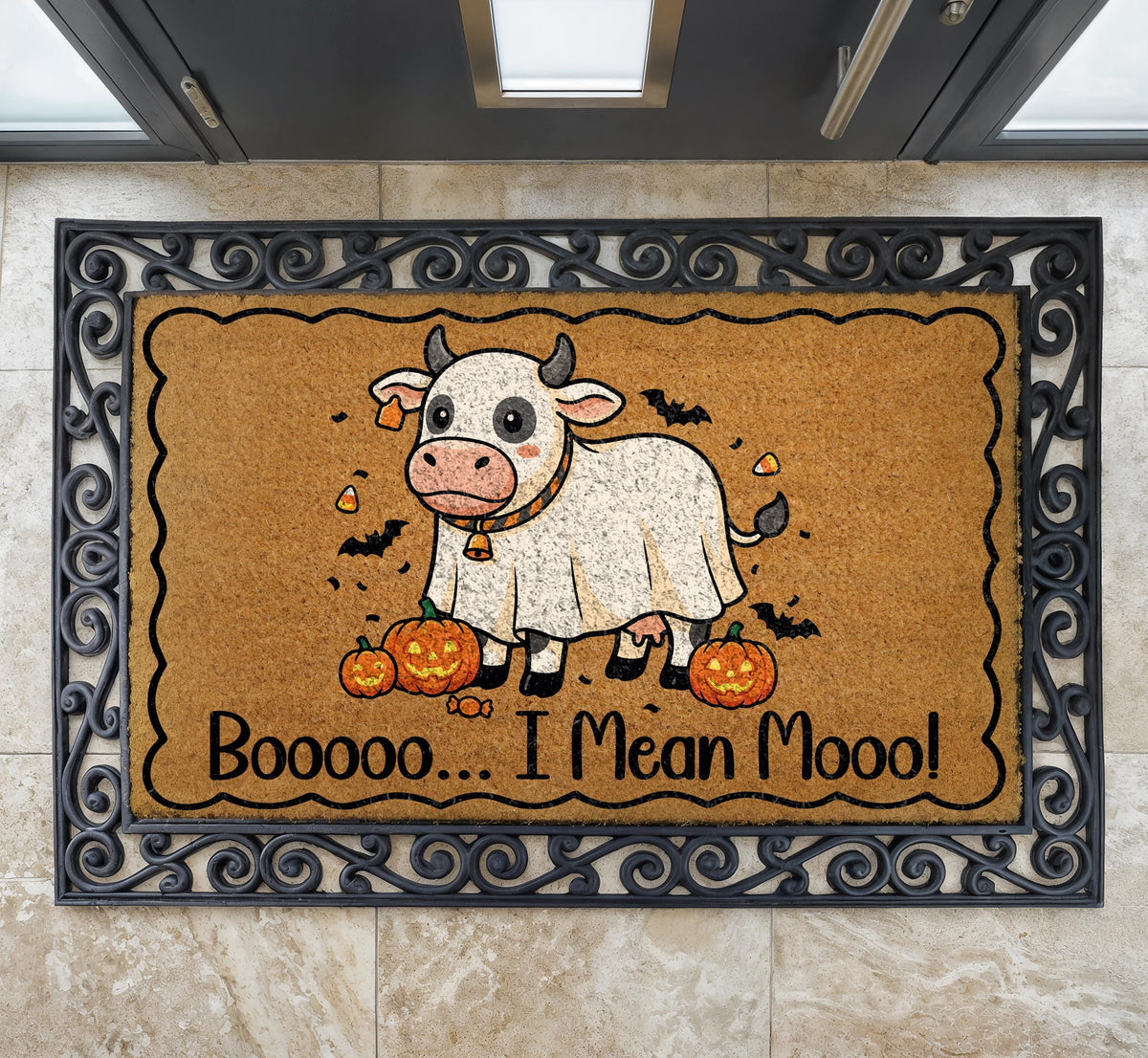 Spooky Ghost Cow Doormat – Halloween Welcome Mat (Coir)