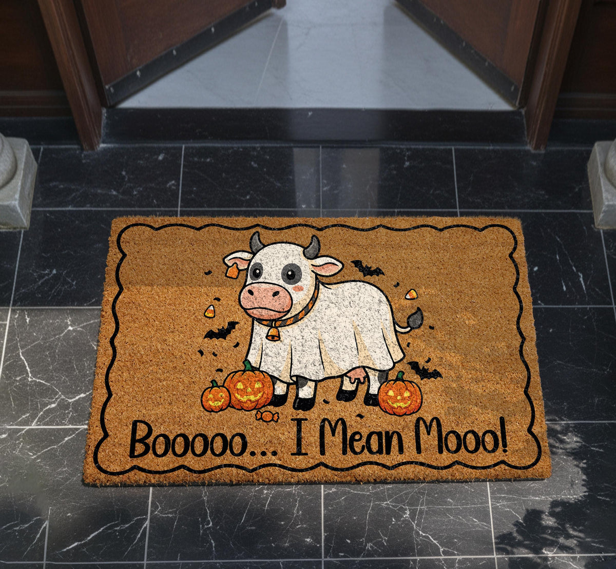 Spooky Ghost Cow Doormat – Halloween Welcome Mat (Coir)