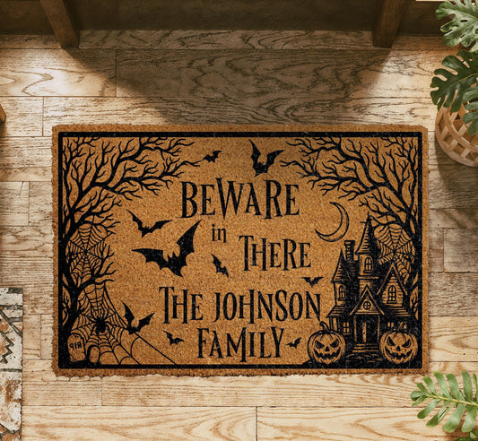 Personalized Halloween Doormat, Beware In There Haunted House Welcome Mat (Coir)