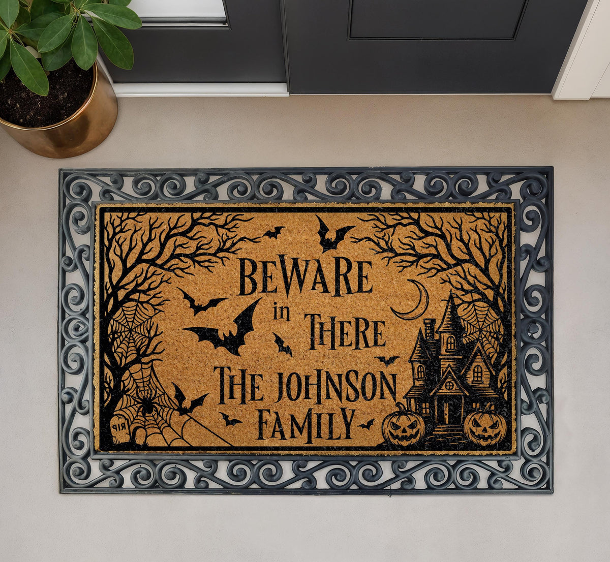 Personalized Halloween Doormat, Beware In There Haunted House Welcome Mat (Coir)
