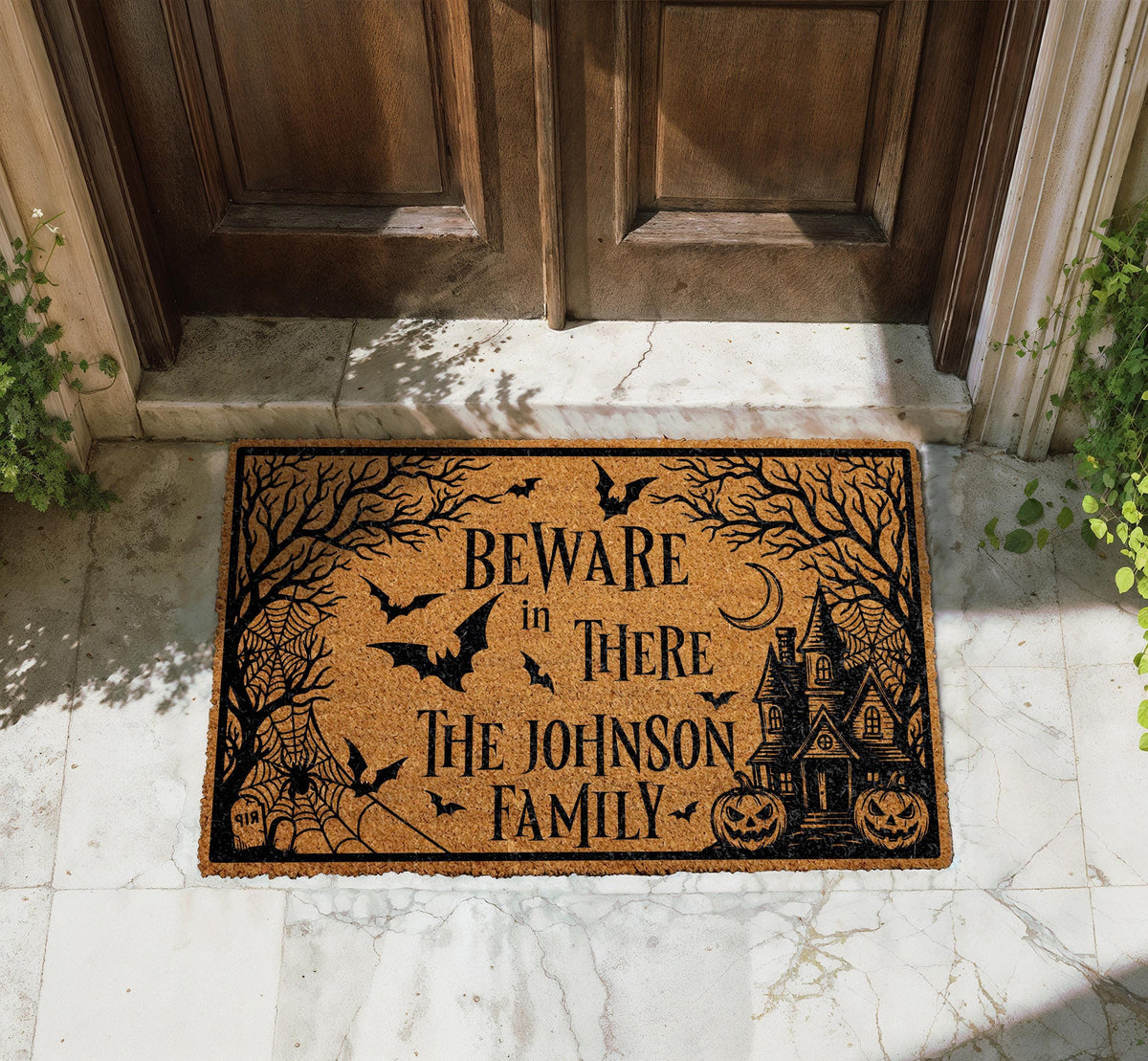 Personalized Halloween Doormat, Beware In There Haunted House Welcome Mat (Coir)